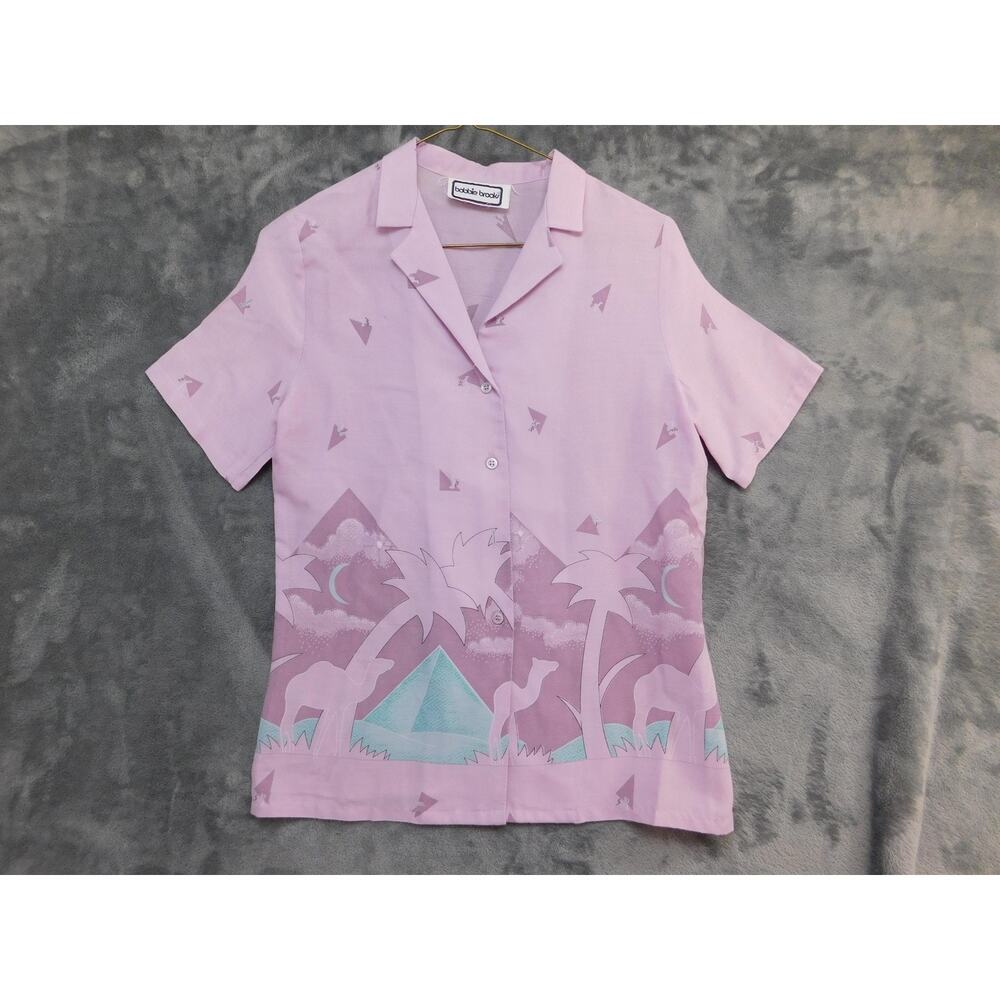 Vintage Bobbie Brooks Camp Shirt Womens Small Pink Camel Pyramid Desert Print
